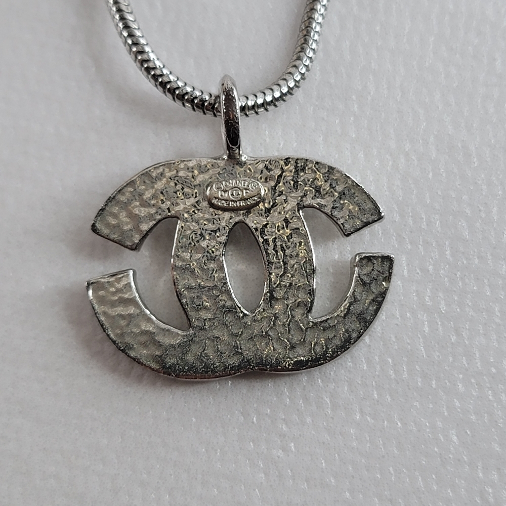 CHANEL CC Logo Rhinestone Silver Tone Necklace - Picture 8 of 10